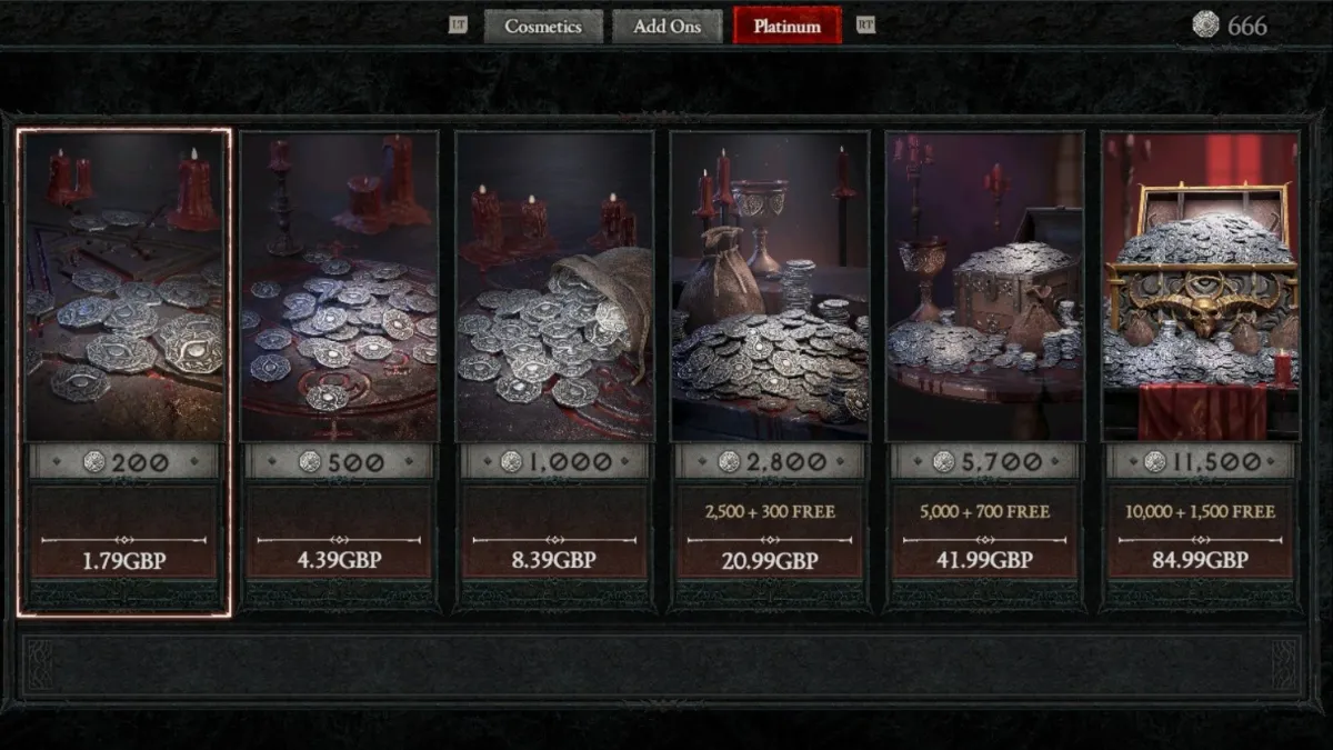 Platinum packs and their prices in Tejal's Shop in Diablo 4