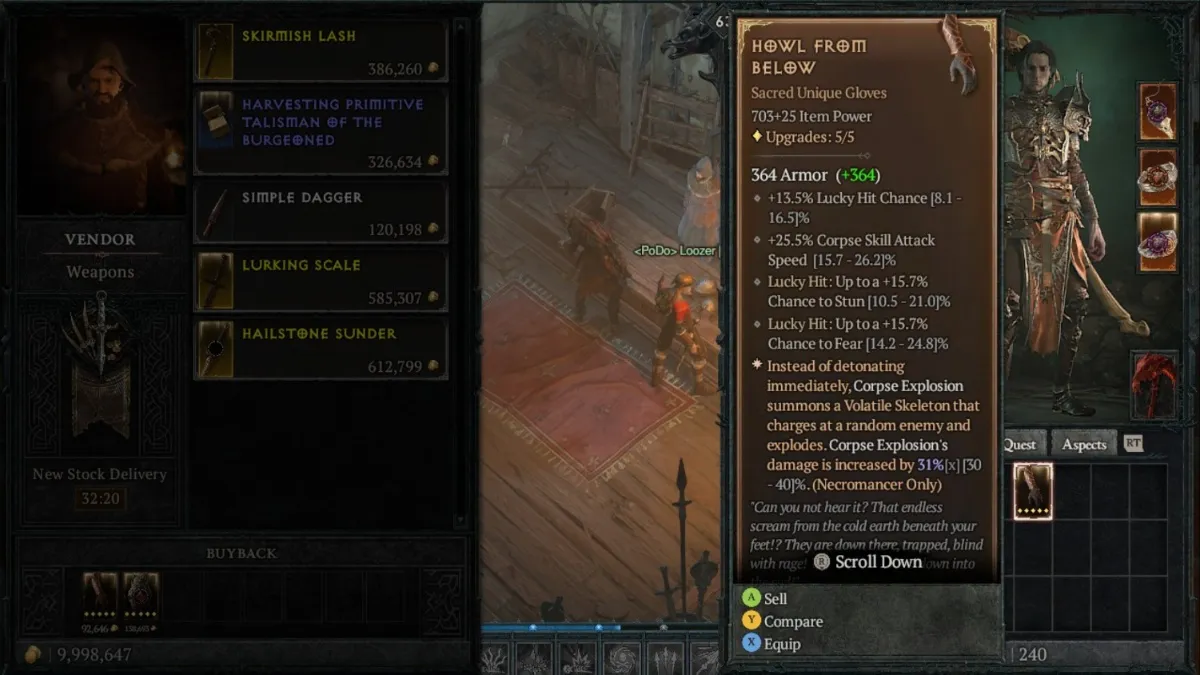 Selecting a Unique Item to sell to a Vendor in Diablo 4