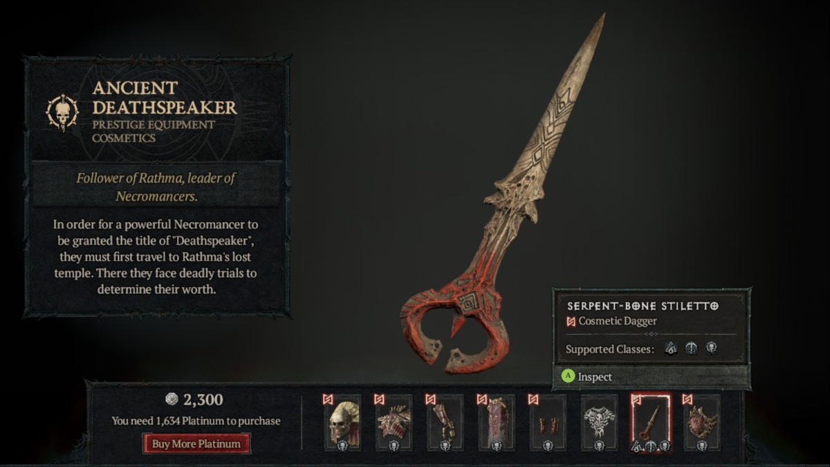 Serpent-Bone Stiletto in the Ancient Deathspeaker Bundle in Tejal's Shop in Diablo 4