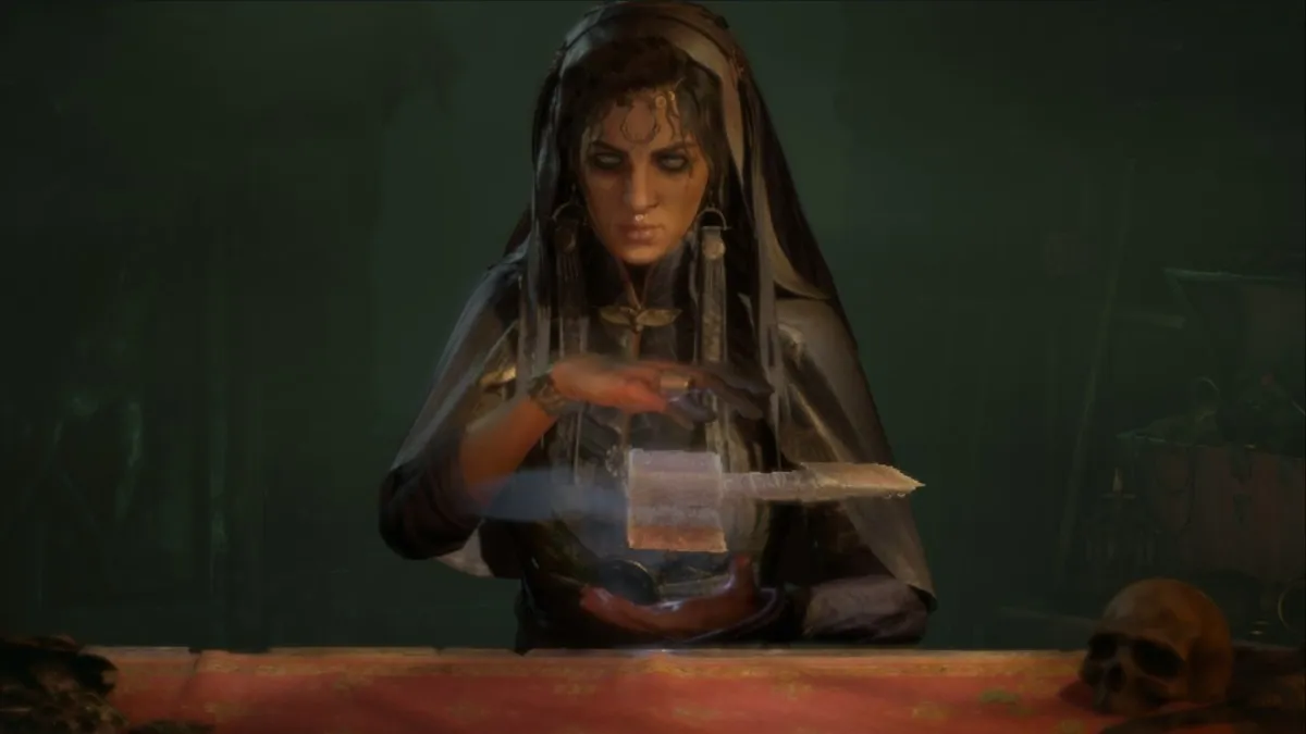 Tejal magically levitating a pack of card in Tejal's Shop menu in Diablo 4
