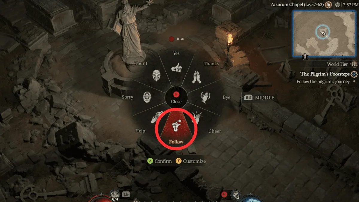 Using the "Follow" emote in The Pilgrim's Footsteps Side Quest in Diablo 4