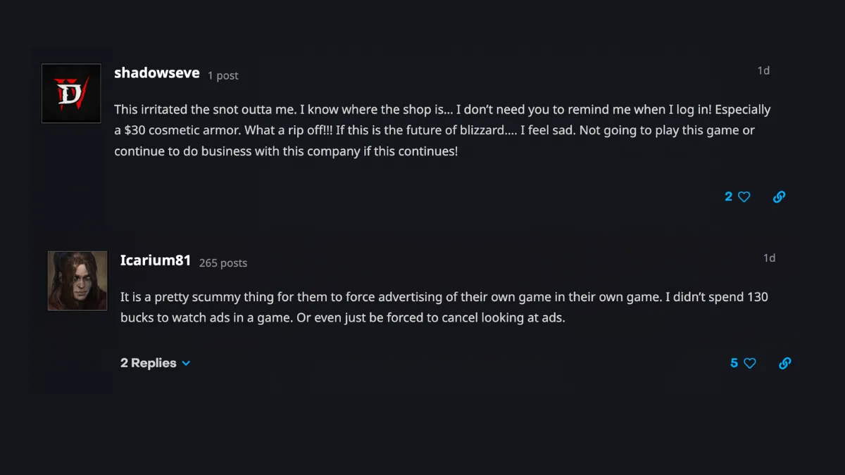 Fan comments i Blizzard's forums about the Tejal's Shop news alert in Diablo 4