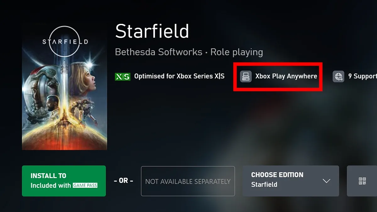 The Starfield Xbox store page with the Play Anywhere tag highlighted