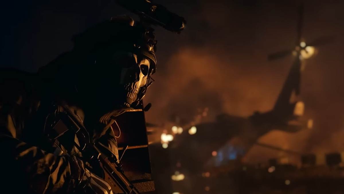 Ghost next to a burning helicopter in MW2 (2022)