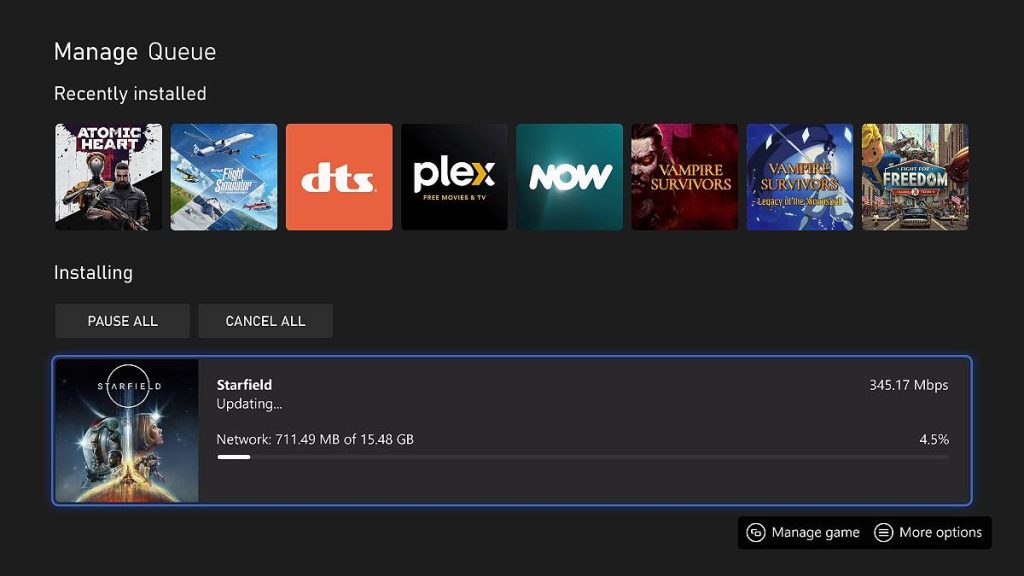 The Starfield update downloading on Xbox