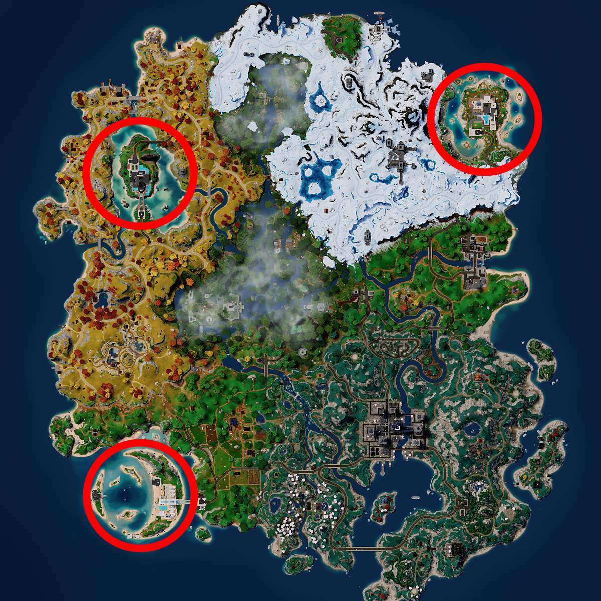 The Fortnite Chapter 4 Season 4 map with Sanguine Suites, Relentless Retreat, and Eclipsed Estate circled in red