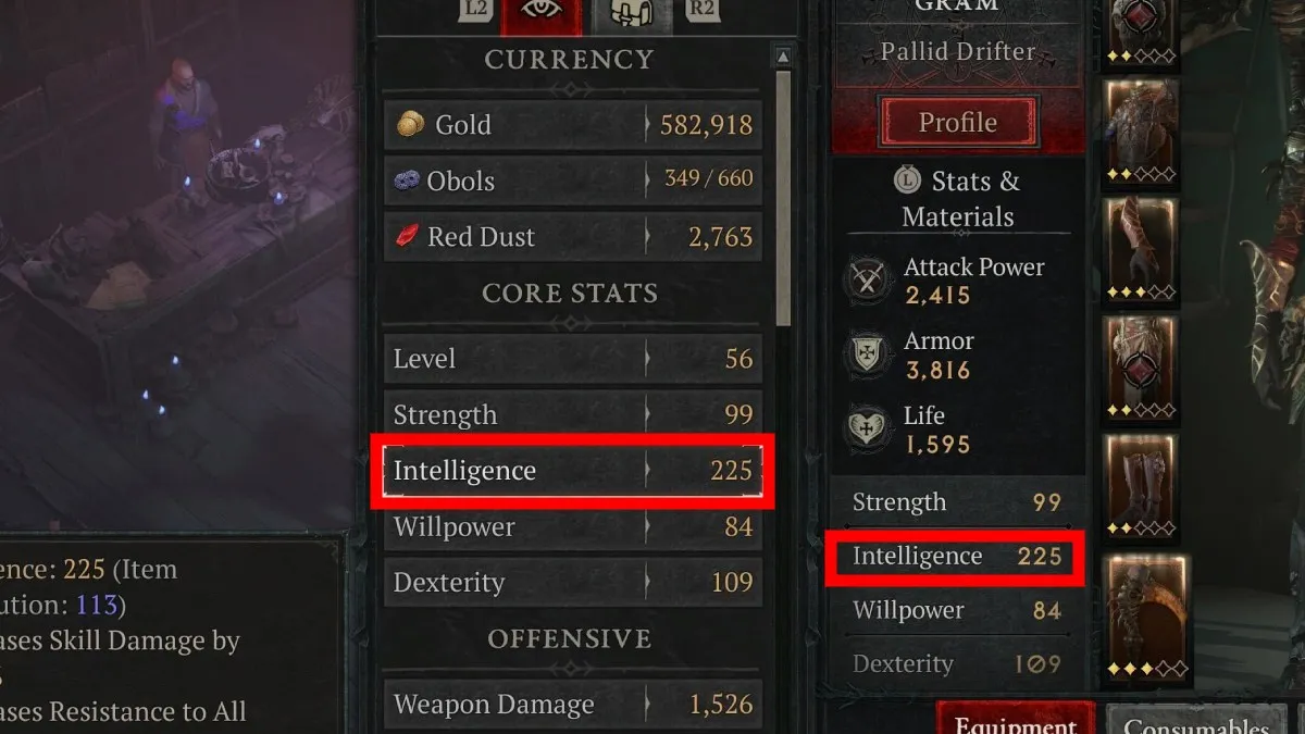 Intelligence stat on the menu in Diablo 4