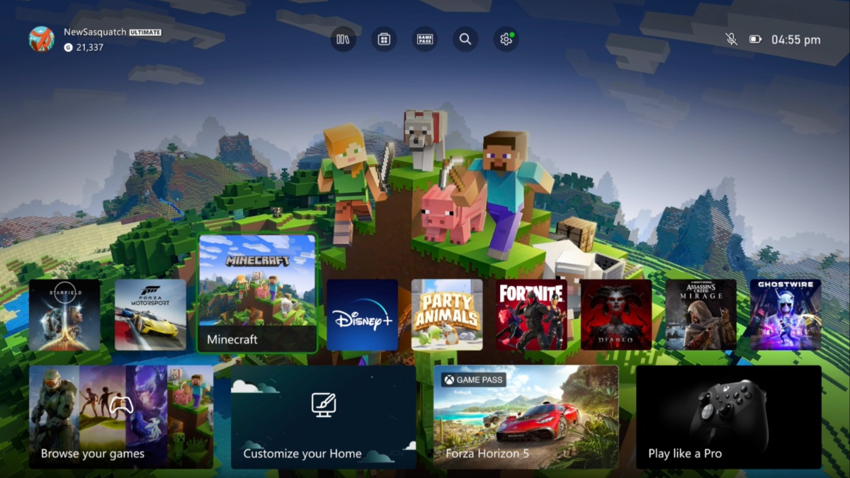 New Xbox Home Dashboard with Minecraft in the background