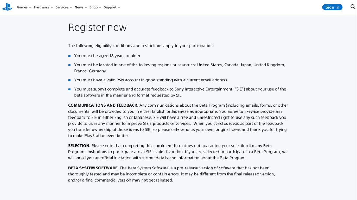 PS5 Beta Program sign up register requirements