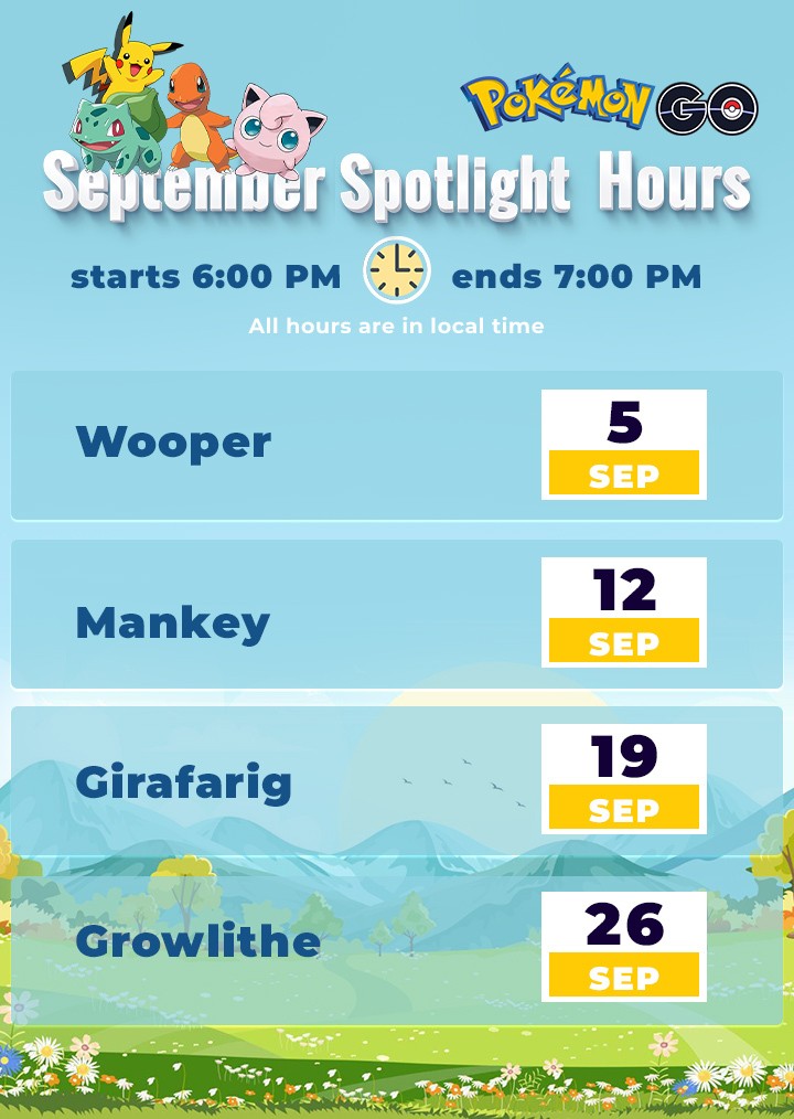 September 2023 Pokemon GO Spotlight Hour Schedule