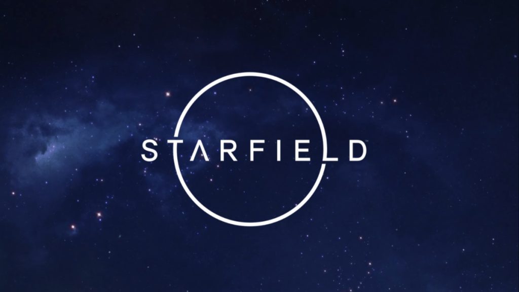 Starfield logo in front of a view of the stars in the sky