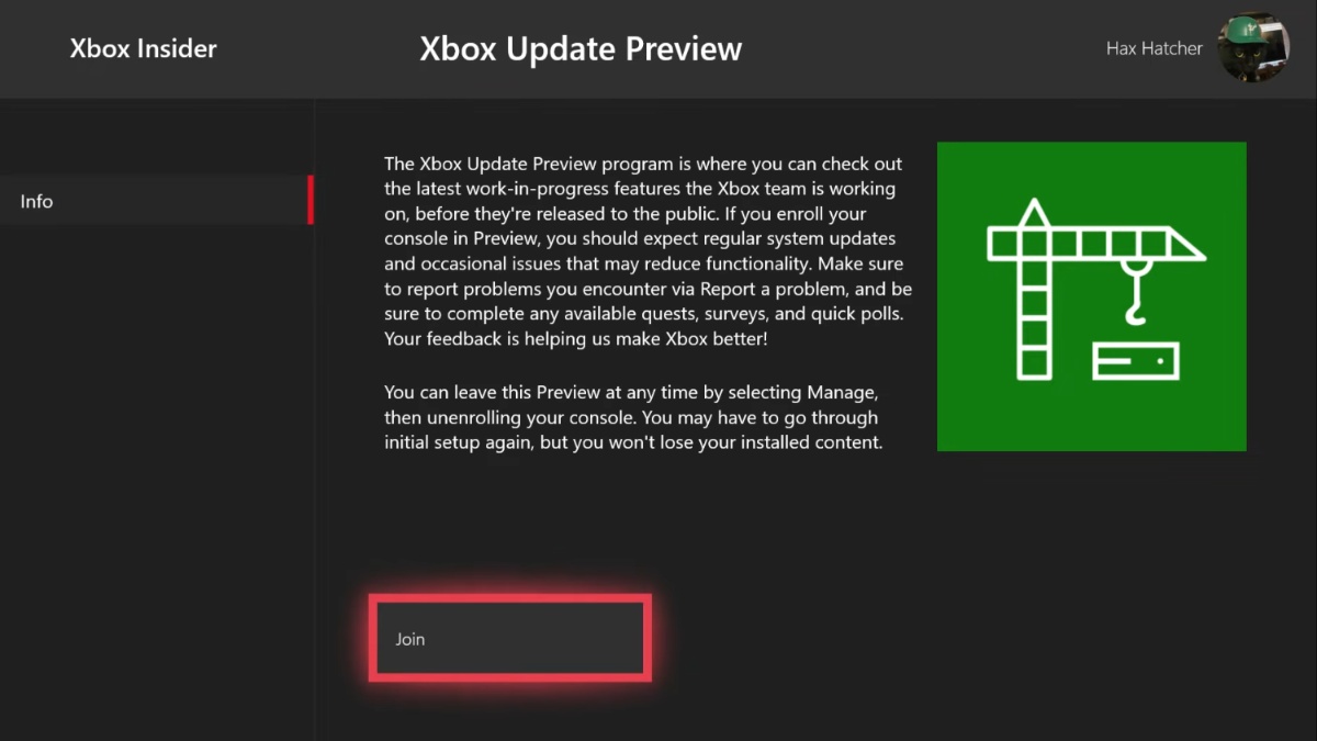Selecting join for Xbox Update Preview in the Xbox Insider Program