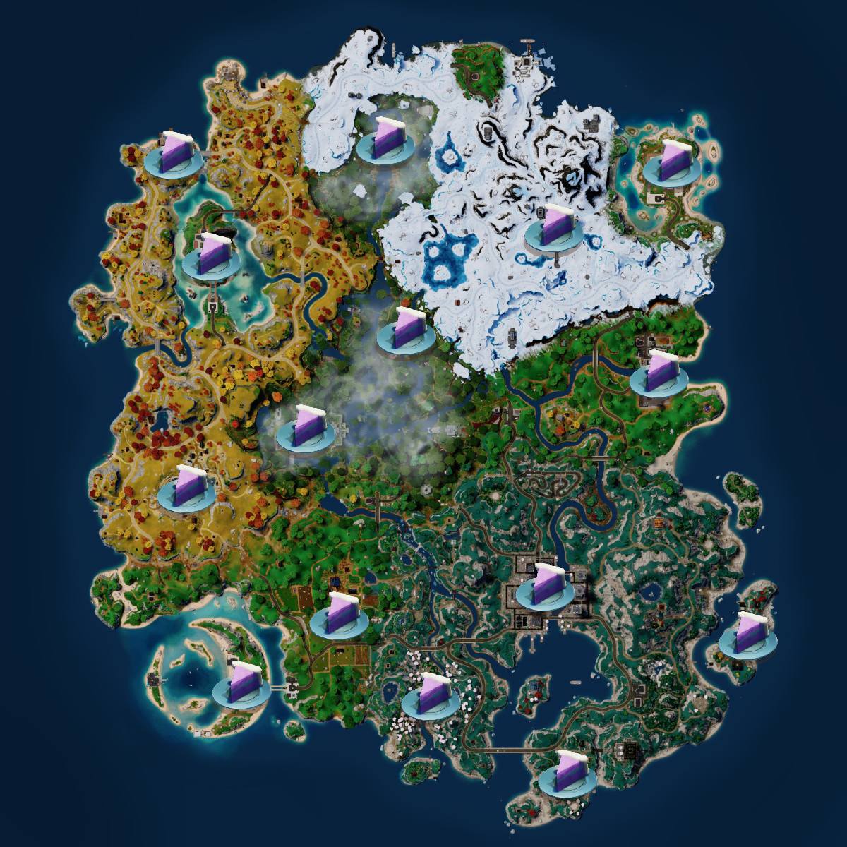The locations of the birthday cake on the Fortnite map 