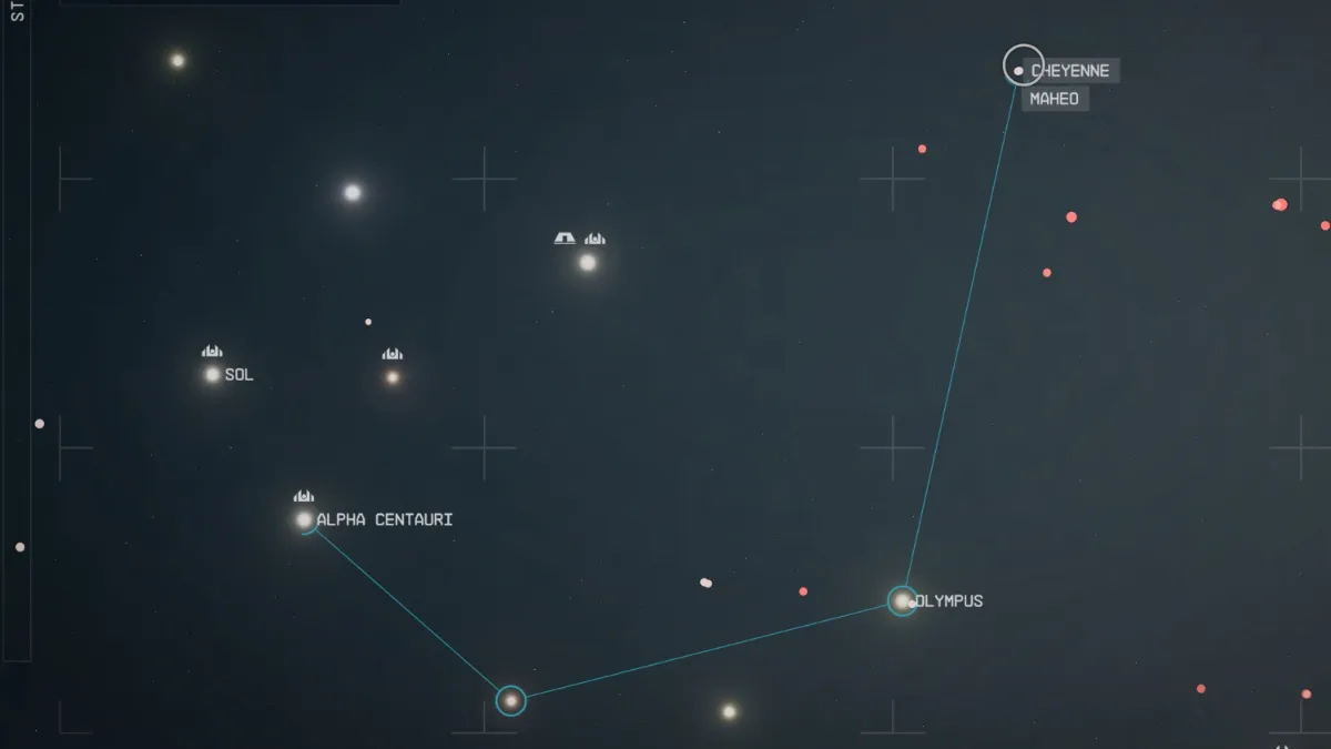Course from Alpha Centauri to Cheyenne system in the Starmap in Starfield