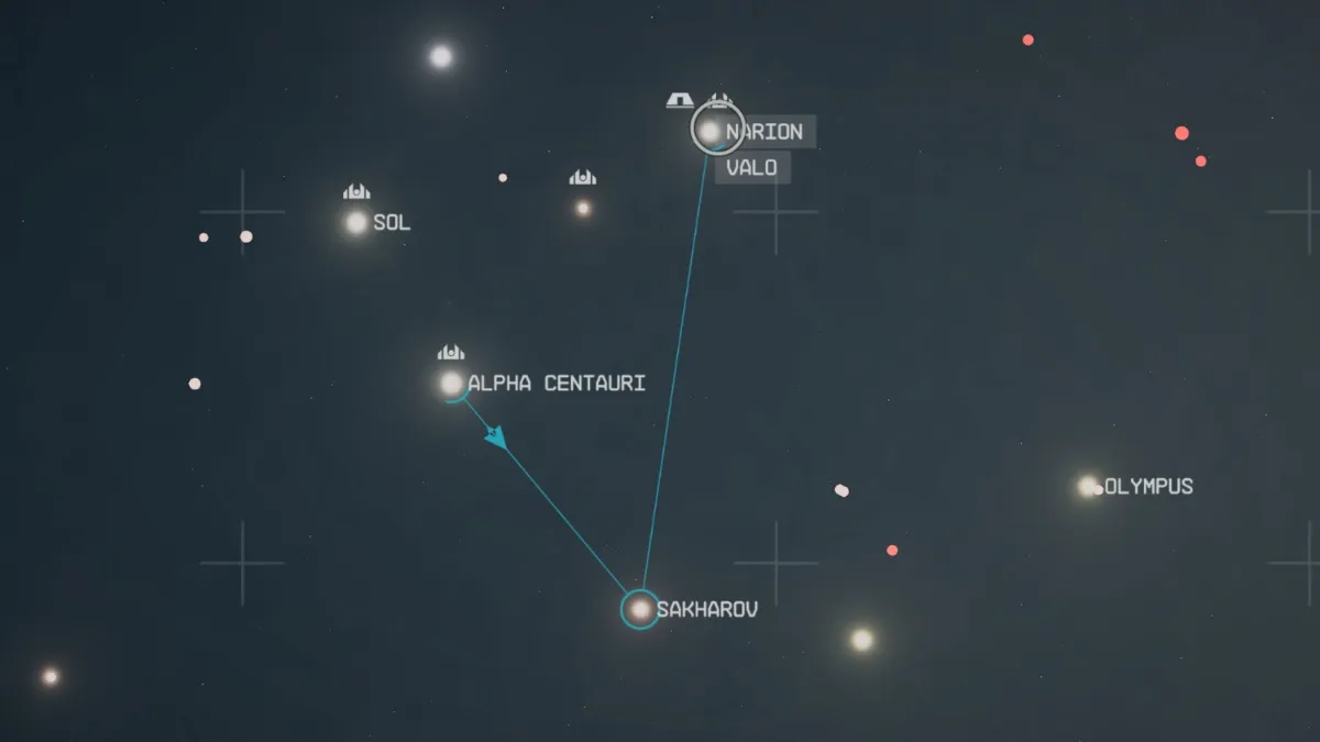 Course from Alpha Centauri to Valo system in the Starmap in Starfield