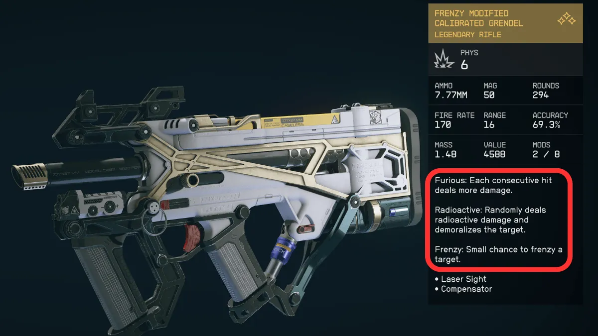 Highlighting three Legendary weapon modifiers for Grendel weapon in Starfield