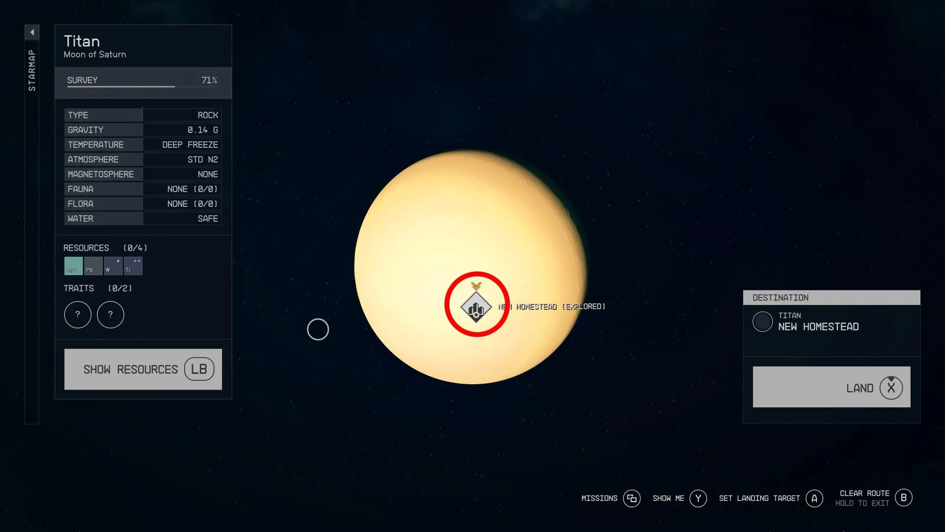Highlighting New Homestead on Titan in the Starmap in Starfield