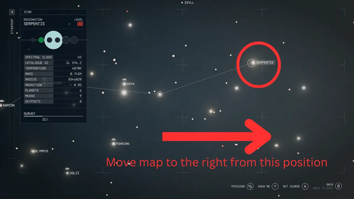 Highlighting the Serpentis system in the Starmap in Starfield and showing arrow in the direction to move the map to find the Charybdis system