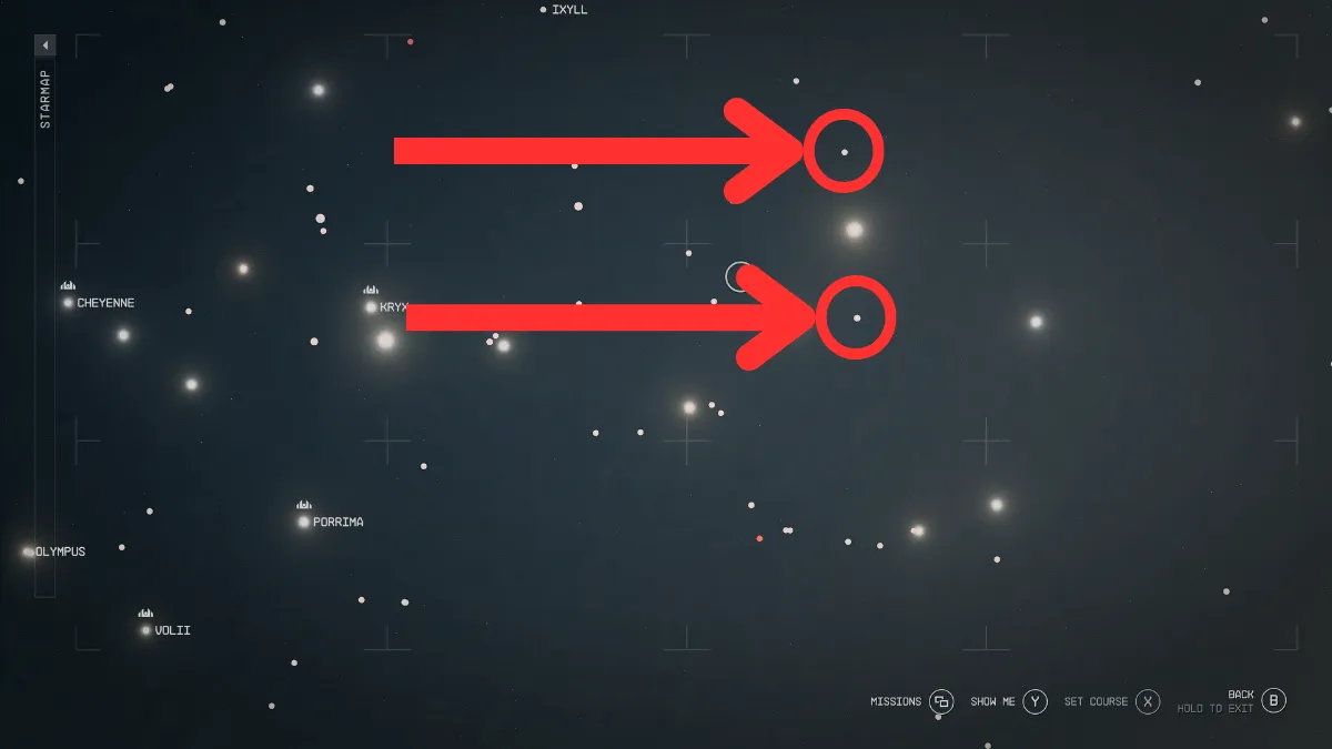 Highlighting the two systems above and below the Serpentis system in the starmap of Starfield