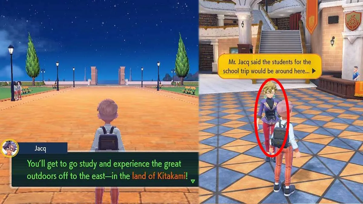 The player receiving a call from Professor Jacq on the left and Ms Briar standing in the school on the right