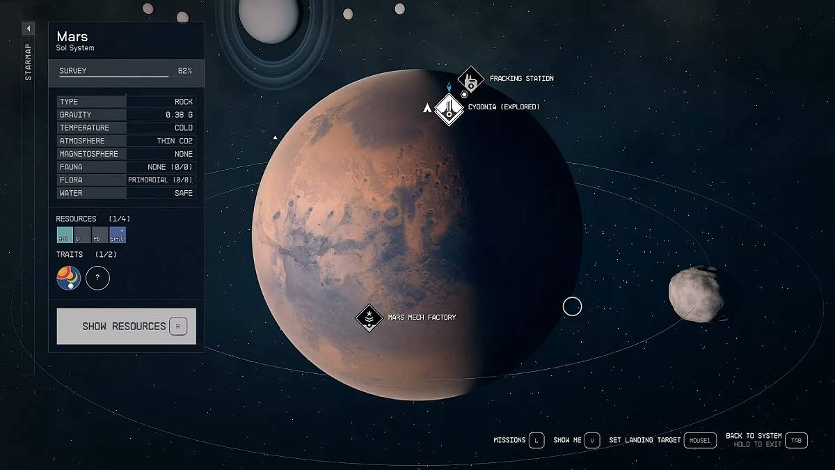 Cydonia on Mars on the Star Map in Starfield