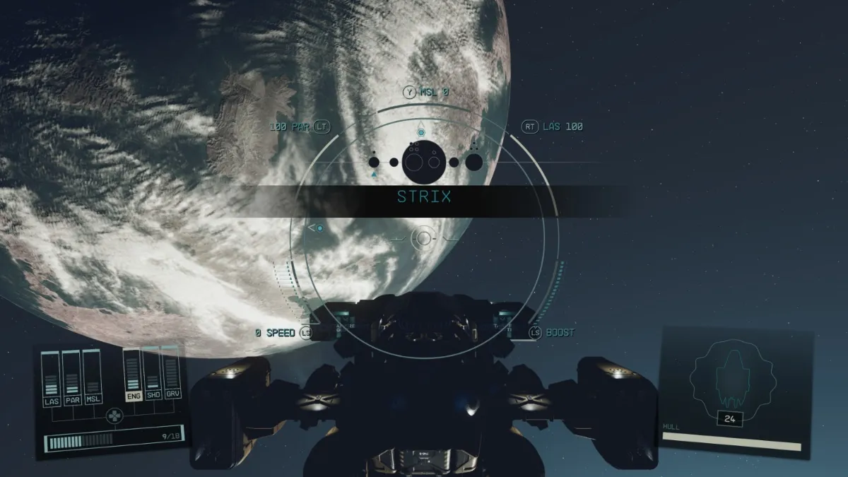 Player ship in orbit of Strix I in the Strix system in Starfield