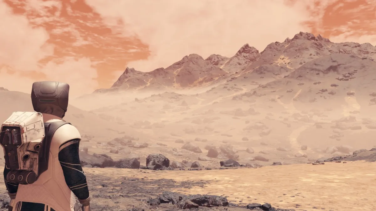 Player standing in Rocky desert biome on Eridani I planet in Starfield