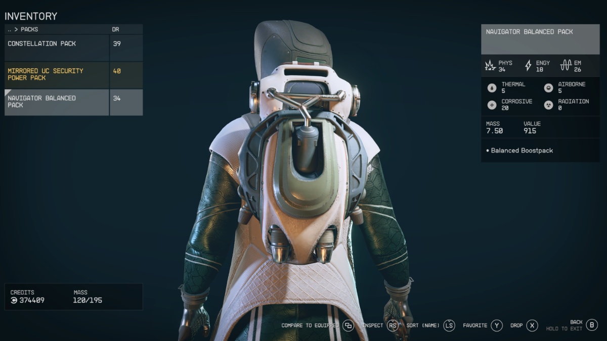 Player wearing Navigator Balanced Pack in the inventory screen in Starfield