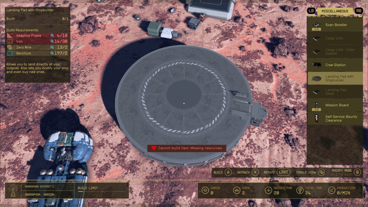 Selecting Landing Pad with Shipbuilder in Outpost menu