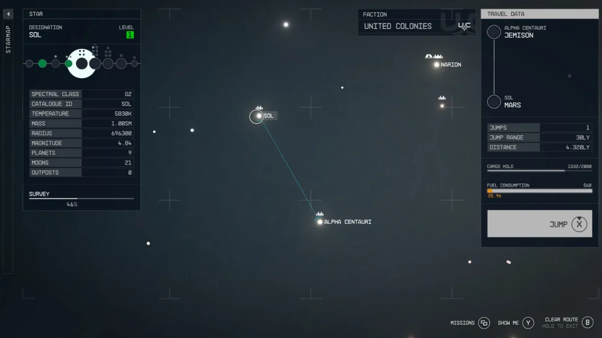 Showing course from Alpha Centauri to the Sol System in Starfield's starmap