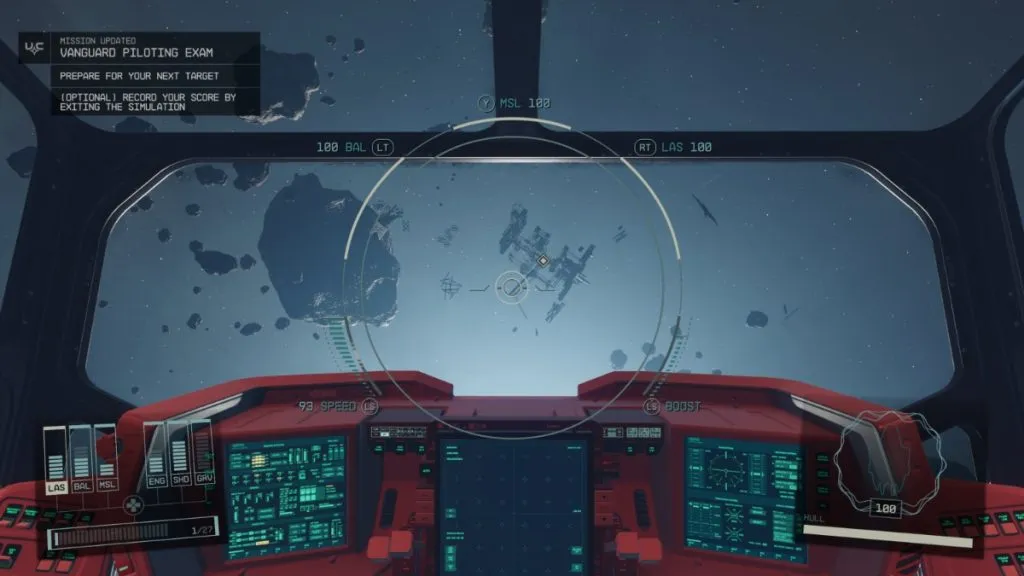 Player in first-person mode in the cockpit of a Vanguard ship within the UC Vanguard Simulator Piloting Exam in Starfield