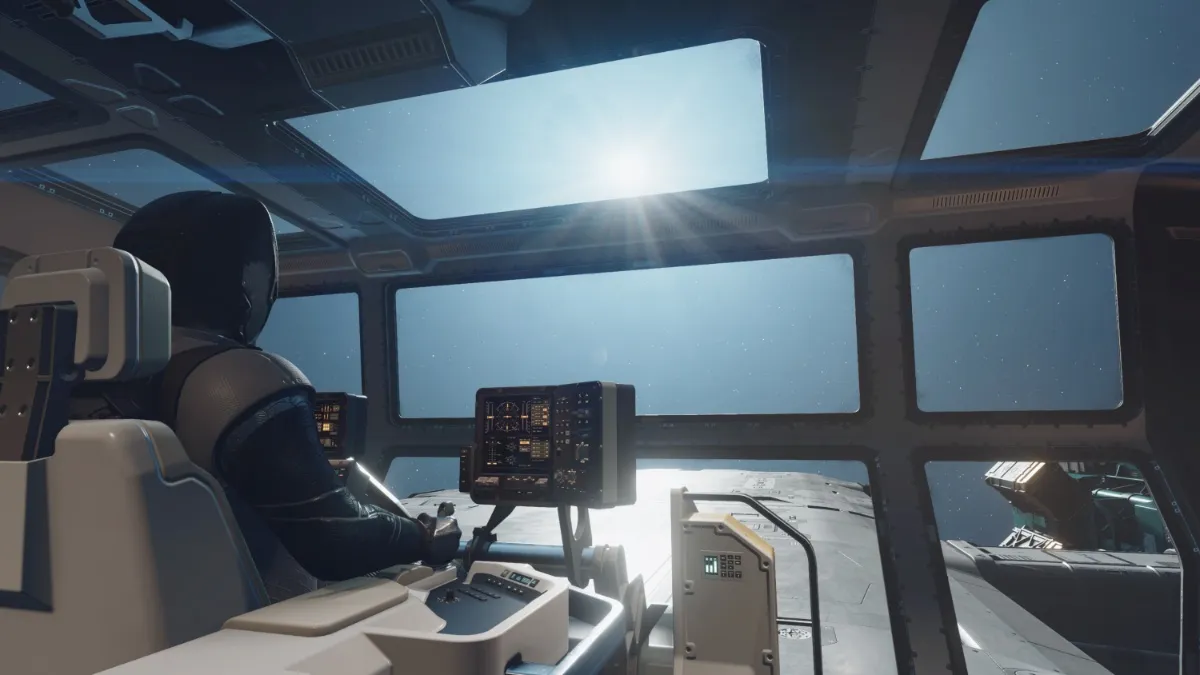 Third-person view of the player in the cockpit of the Abyss Trekker ship flying in space in Starfield