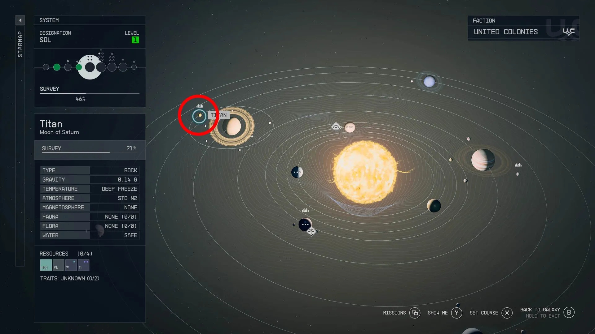 Titan moon in the Sol system in the Starmap in Starfield