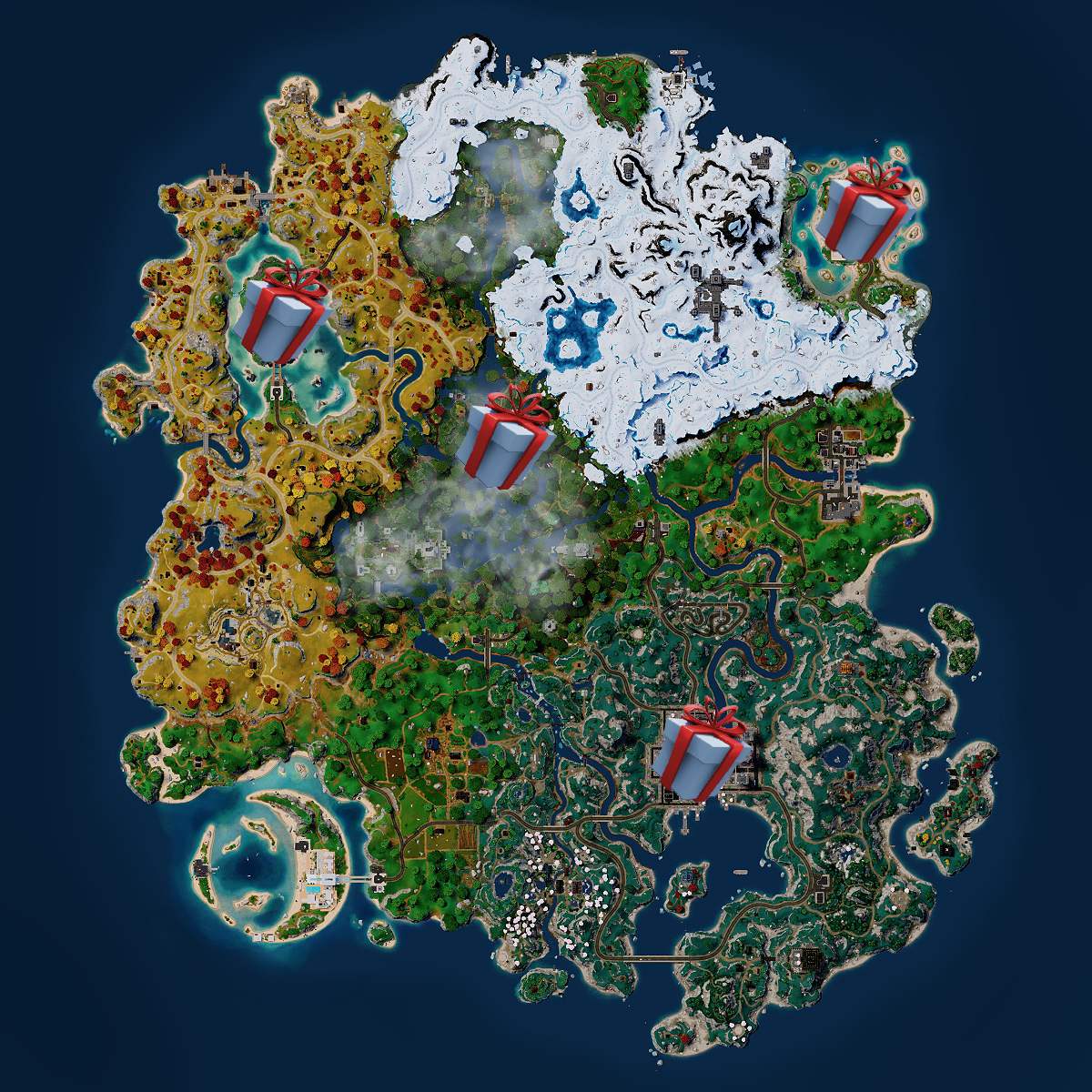 A map showing the best locations of birthday presents in Fortnite