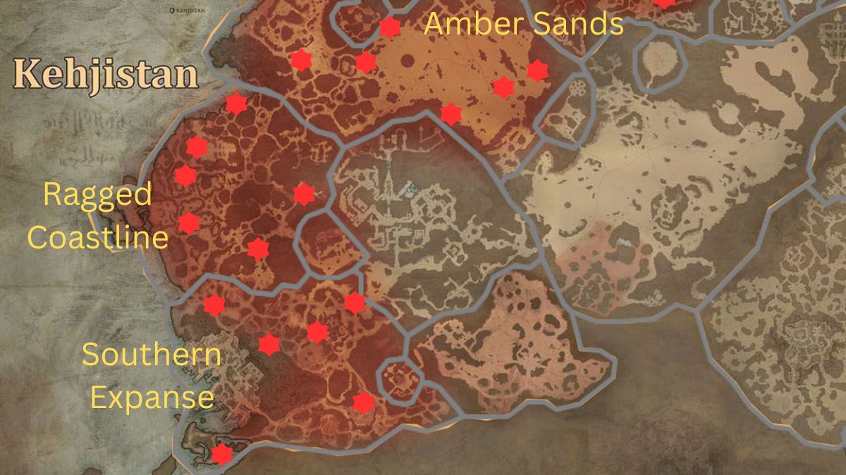 All Tortured Gifts of Living Steel chest locations in the Amber Sands, Ragged Coastline, and Southern Expanse areas of Kehjistan on the map in Diablo 4
