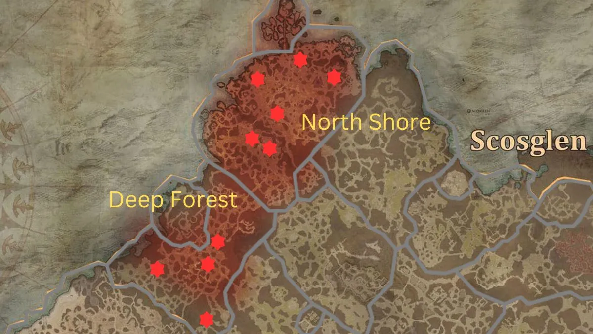 All Tortured Gifts of Living Steel chest locations in the North Shore and Deep Forest areas of Scosglen on the map in Diablo 4