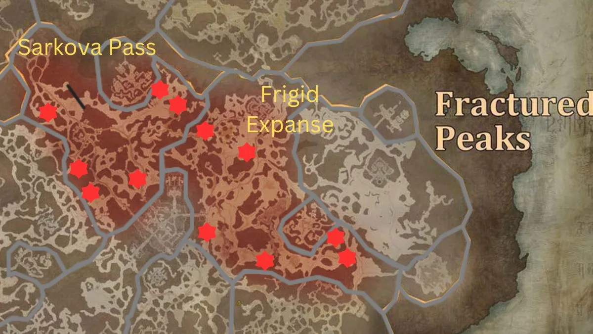 All Tortured Gifts of Living Steel chest locations in the Sarkova Pass and Frigid Expanse areas of Fractured Peaks on the map in Diablo 4
