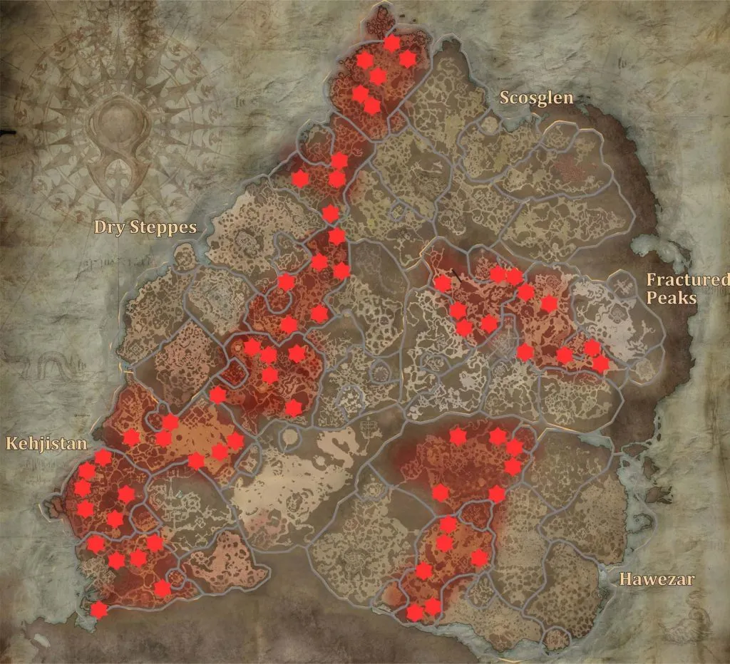 All Tortured Gifts of Living Steel chest locations in on the map of Sanctuary in Diablo 4