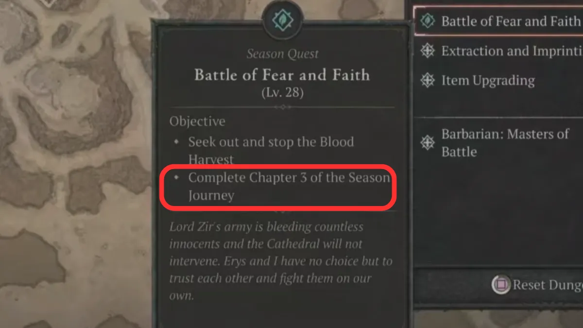 Battle of Fear and Faith quest log in map screen in Diablo 4