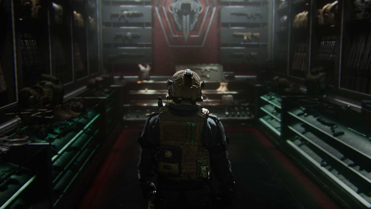 Call of Duty Operator standing in armory in loadout screen in MW3