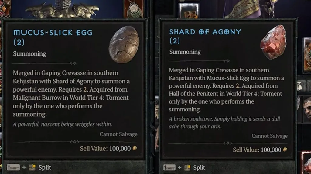 Close-up Mucus-Slick Egg and Shards of Agony in inventory screen in Diablo 4