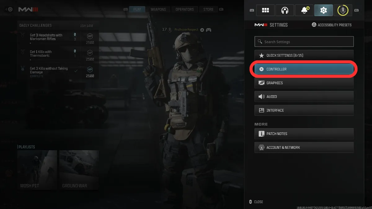 Controller option in settings tab of quick access menu in MW3 beta