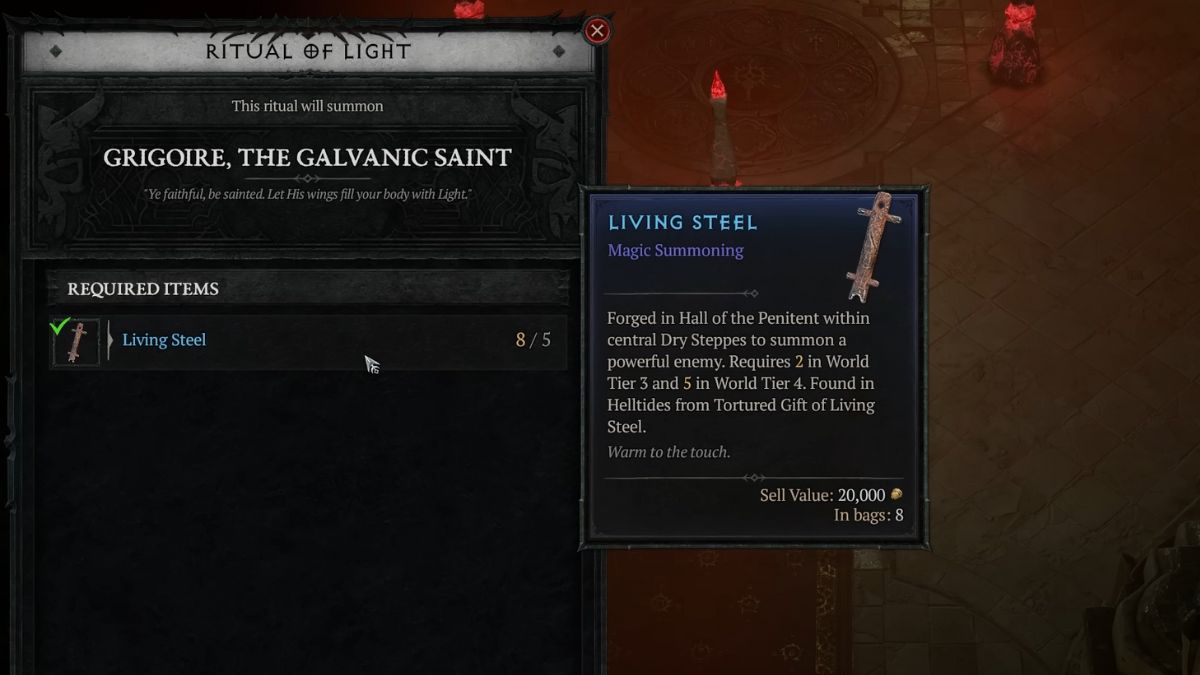 Depositing Living Steel in the Light-Touched Altar in the Halls of the Penitent in Diablo 4 Season 2