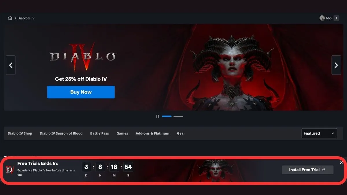 Diablo 4 free trial battle.net shop landing page banner
