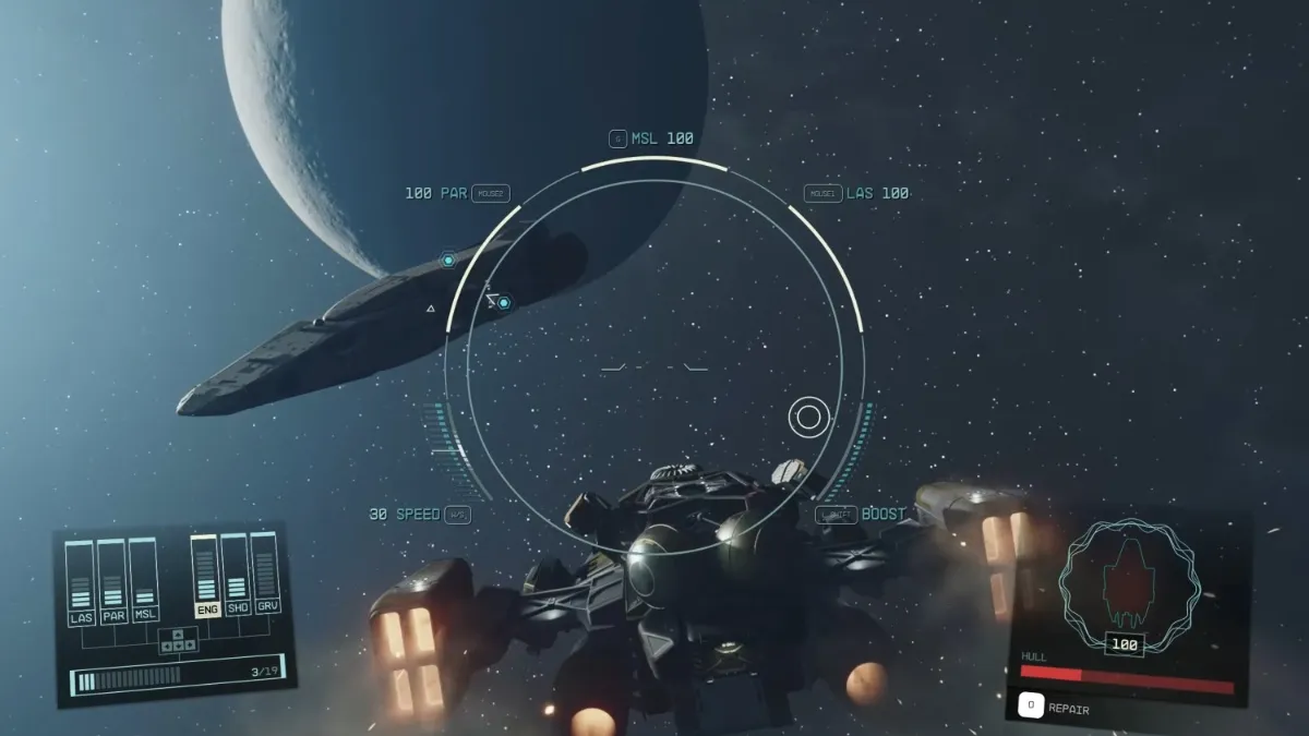 ECS Constant in front of player ship in orbit in Starfield