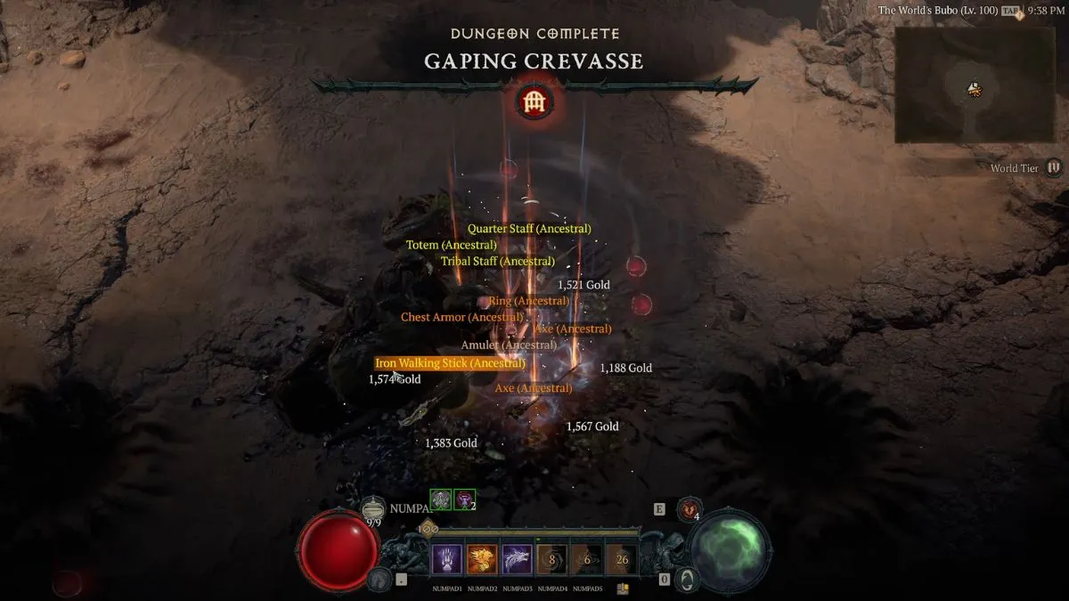 Gaping Crevasse Dungeon rewards after defeating Duriel in Diablo 4 Season 2