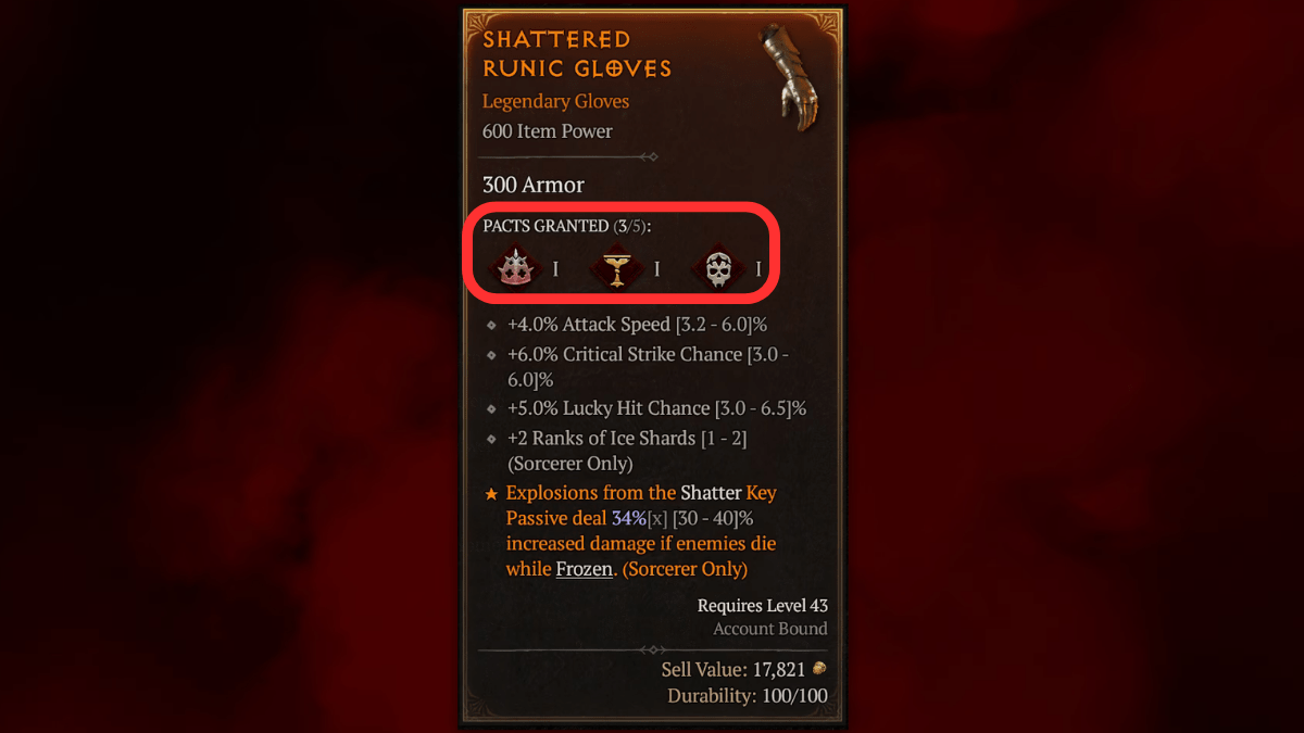 Highlighting Pacts Granted on pair of Legendary Gloves stats in Diablo 4 Season of Blood