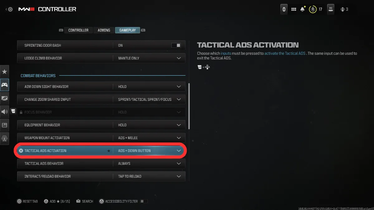 Highlighting Tactical ADS Activation in gameplay settings in MW3 Beta