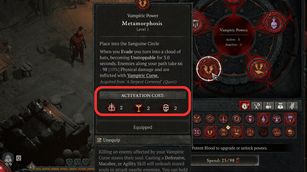Highlighting activation cost and Pact types for Vampiric Power in character menu in Diablo 4 Season of Blood