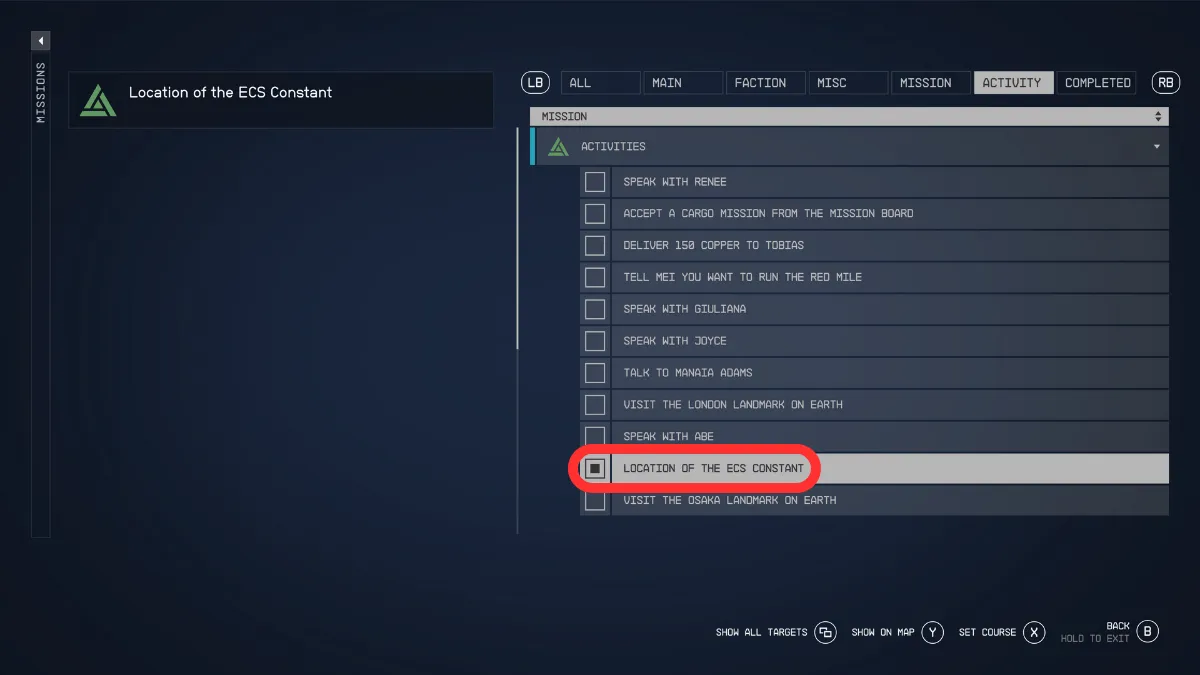Location of the ECS Constant Activity quest in menu in Starfield